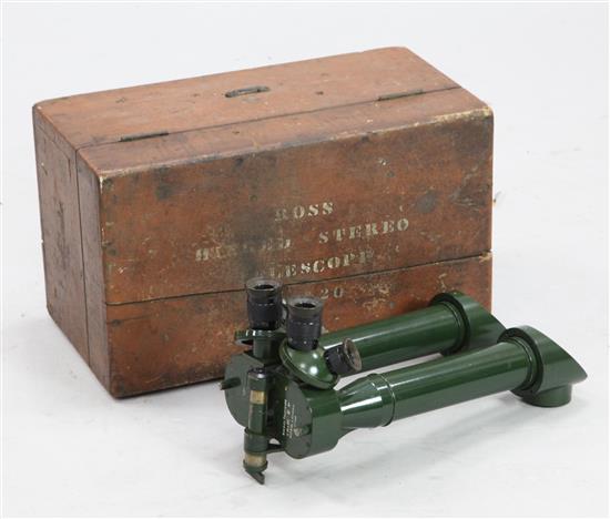 A Ross green painted metal stereo telescope,